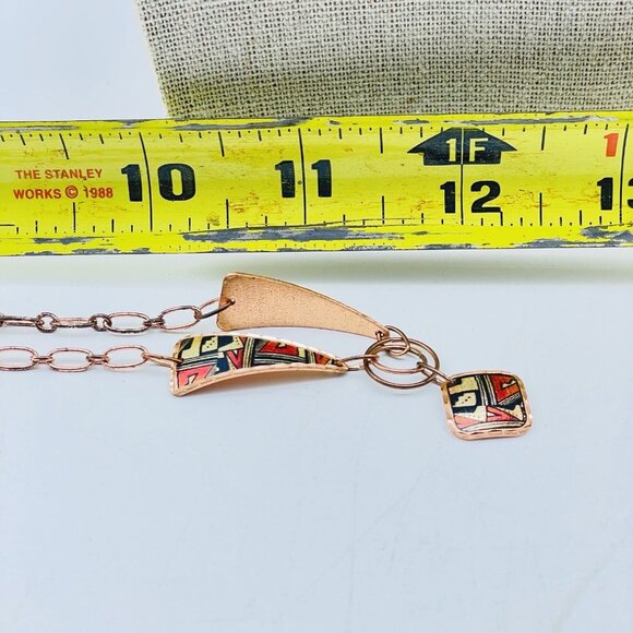 Vintage Copper Enamel Pendant Necklace Geometric Design Art Deco Revival Retro - Picture 10 of 10